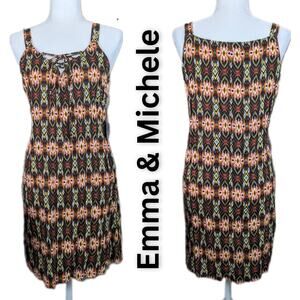 New Emma & Michele Slip Sundress Large Black Coral Geo Tribal Boho V-Neck Laced